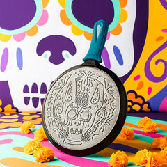 10.5 Inch Seasoned Cast Iron Xolo Sugar Skull Griddle with Deluxe Handle Holder